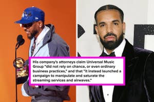 Two images: One shows a rapper in a cap holding an award. The other is a formal portrait of the same person. Text discusses Universal Music Group's tactics