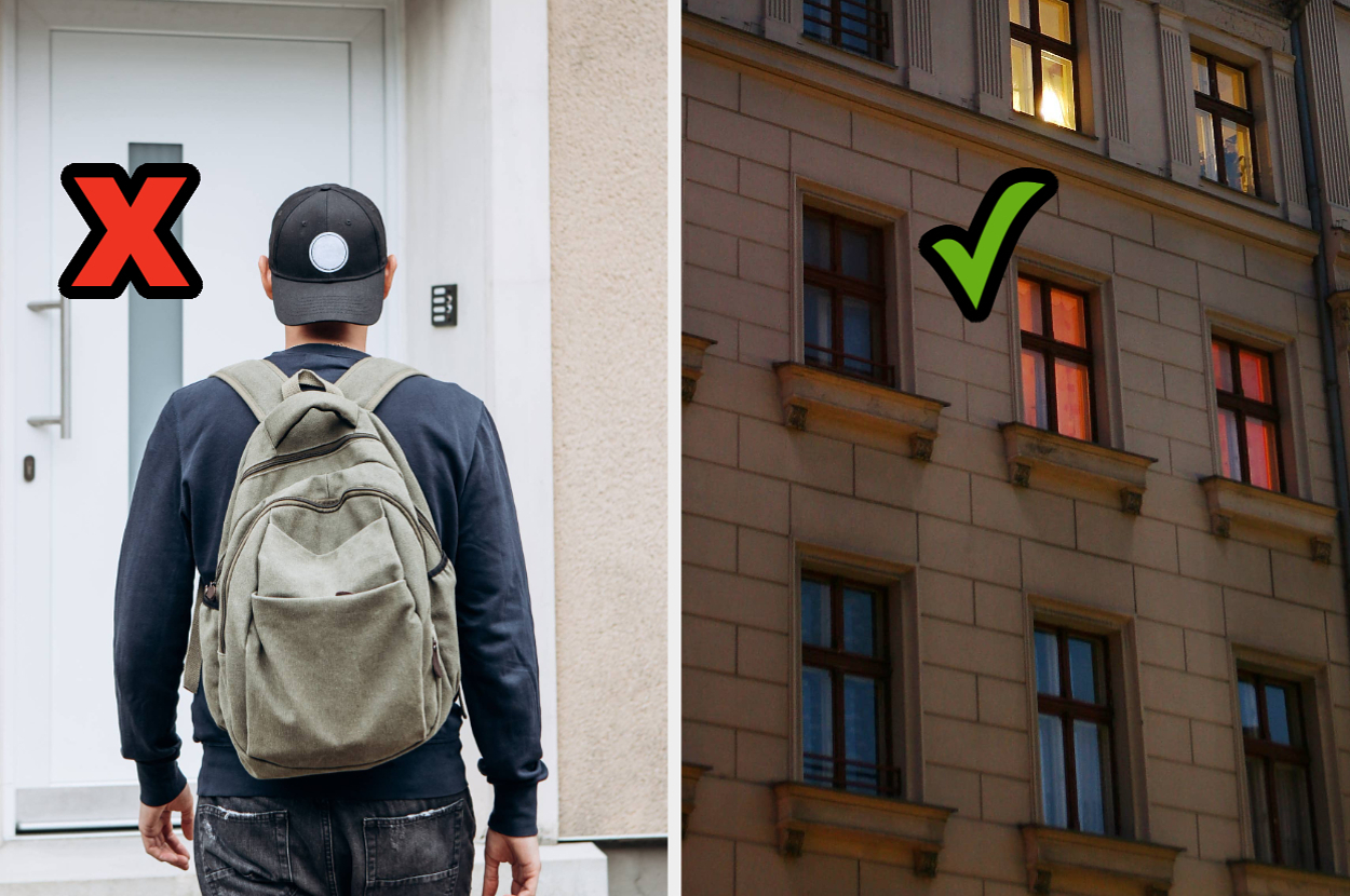 Left: Person with backpack facing a door marked with an X. Right: Building exterior with windows, one illuminated, marked with a check