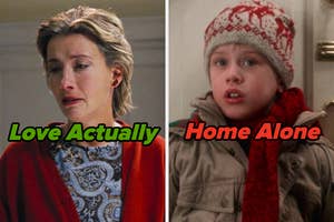 On the left, Emma Thompson as Karen in Love Actually, and on the right, Kevin from Home Alone