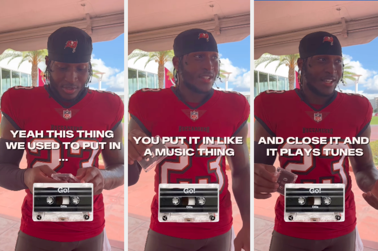 Three-panel image of a person wearing a sports jersey, describing an old cassette as a music device that plays tunes when inserted and closed