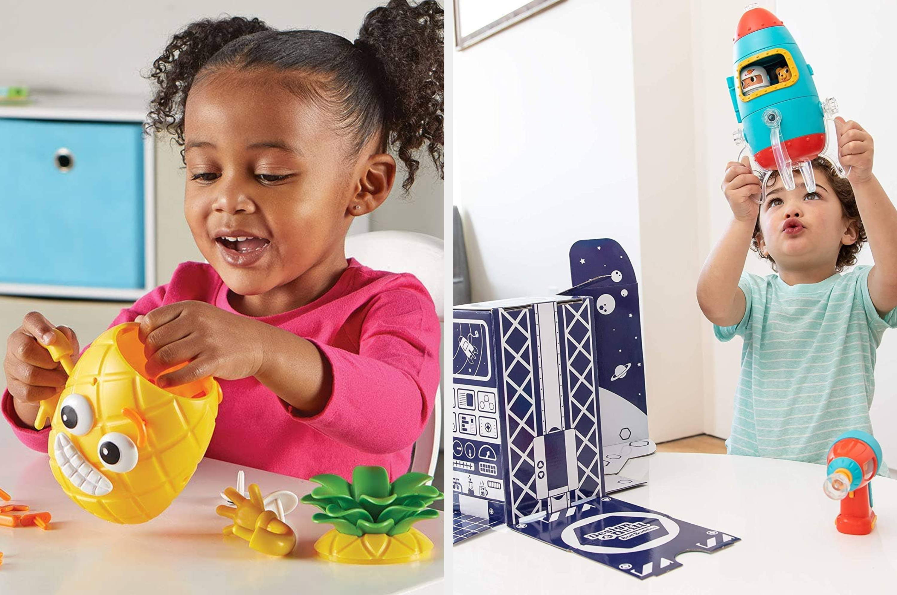 Children playing with educational toys: a pineapple shape sorter and a solar system puzzle