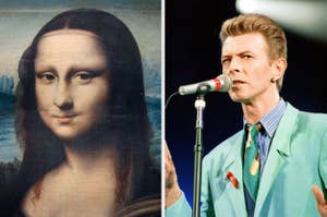 A famous portrait beside a singer in a suit with a striped tie, performing on stage with a microphone