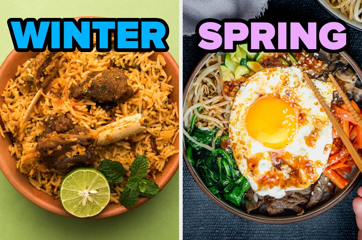 On the left, lamb biryani labeled winter, and on the right, bibimbap labeled spring