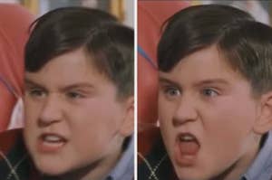 A person is shown in two side-by-side close-up photos, making expressive and exaggerated facial gestures