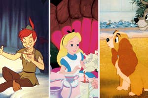 Peter Pan playing a pan flute, Alice seated at a tea party, and Lady from "Lady and the Tramp" looking towards the Tramp