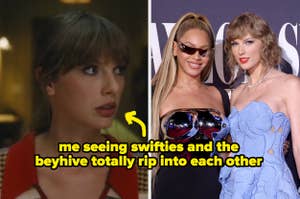 Two-panel meme: Left shows a surprised woman indoors. Right shows two glamorous figures at an event, dressed in elegant outfits. Text humorously comments on fan rivalries