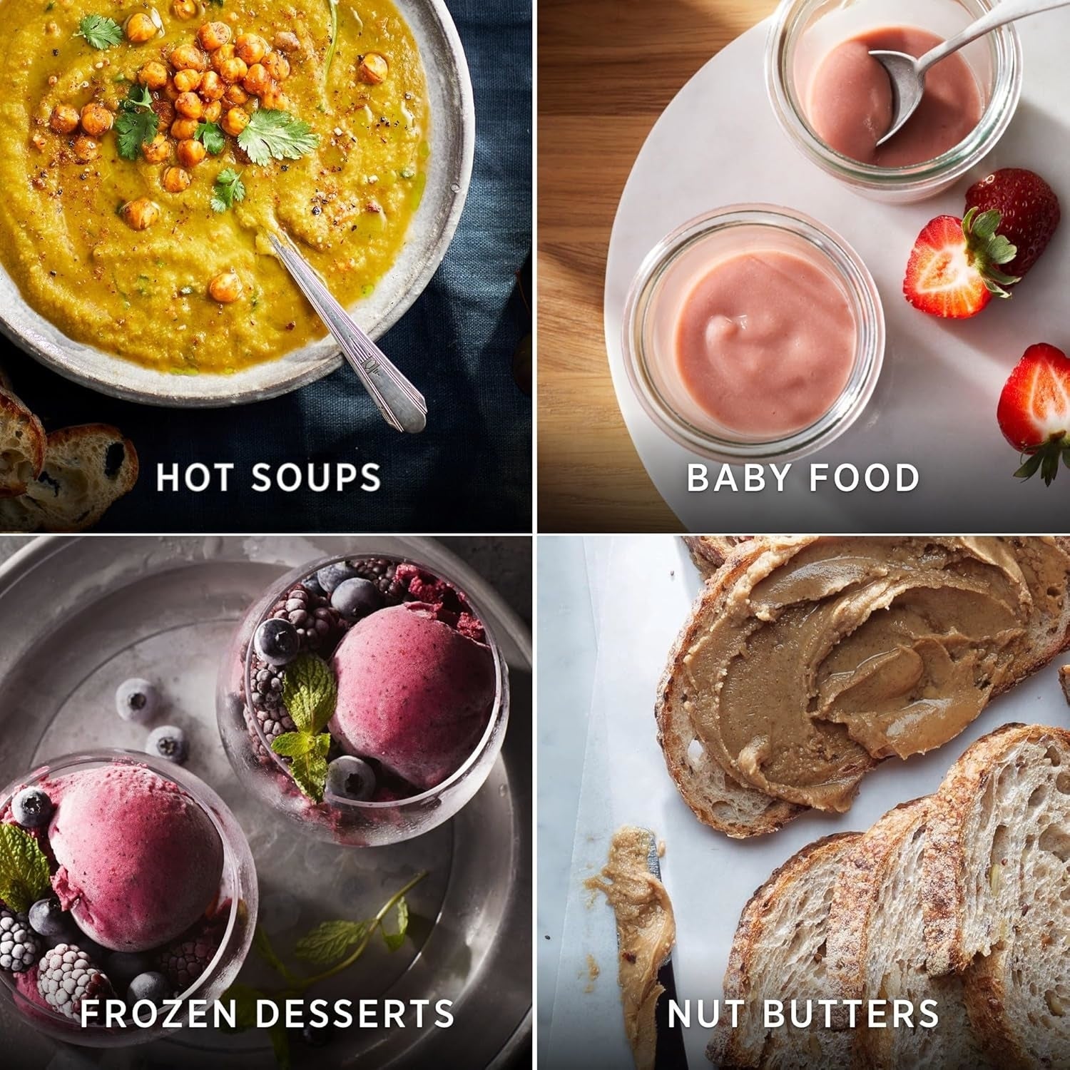  blistery  soups, babe  food, frozen desserts, and seed  butters