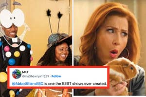 Split image: Left, people in humorous costumes. Right, person surprised by a guinea pig. Tweet praising Abbott Elementary as one of the best shows