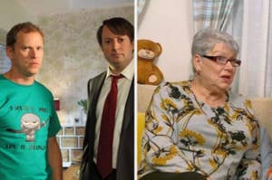 Two scenes: The first shows two men; one in a green graphic tee and the other in a suit. The second shows a woman with gray hair wearing glasses and a floral top