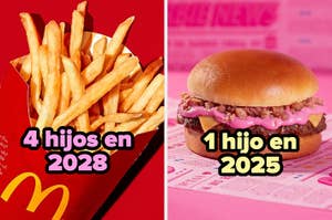 Papas fritas en caja con texto "4 hijos en 2028" y hamburguesa con texto "1 hijo en 2025"