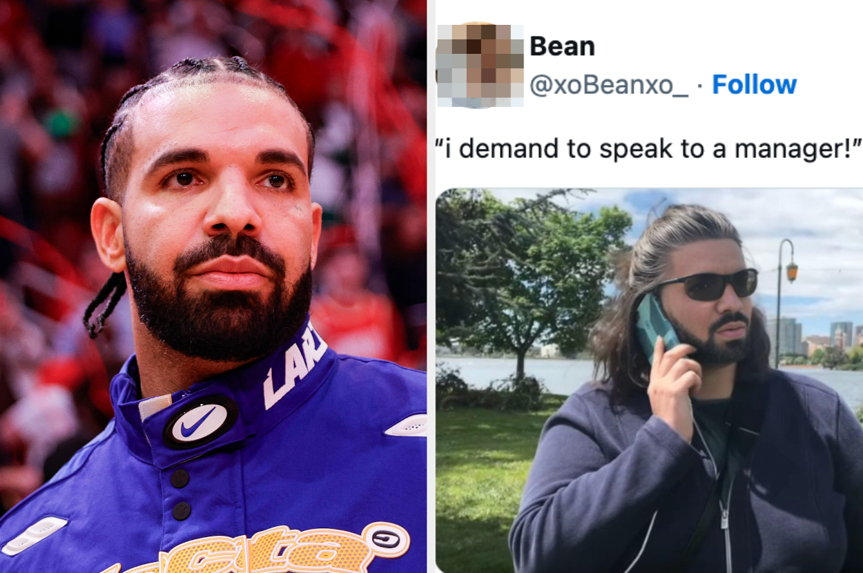 Left image: Person in a purple sports jacket. Right image: Person mockingly holding a phone, captioned "I demand to speak to a manager!"