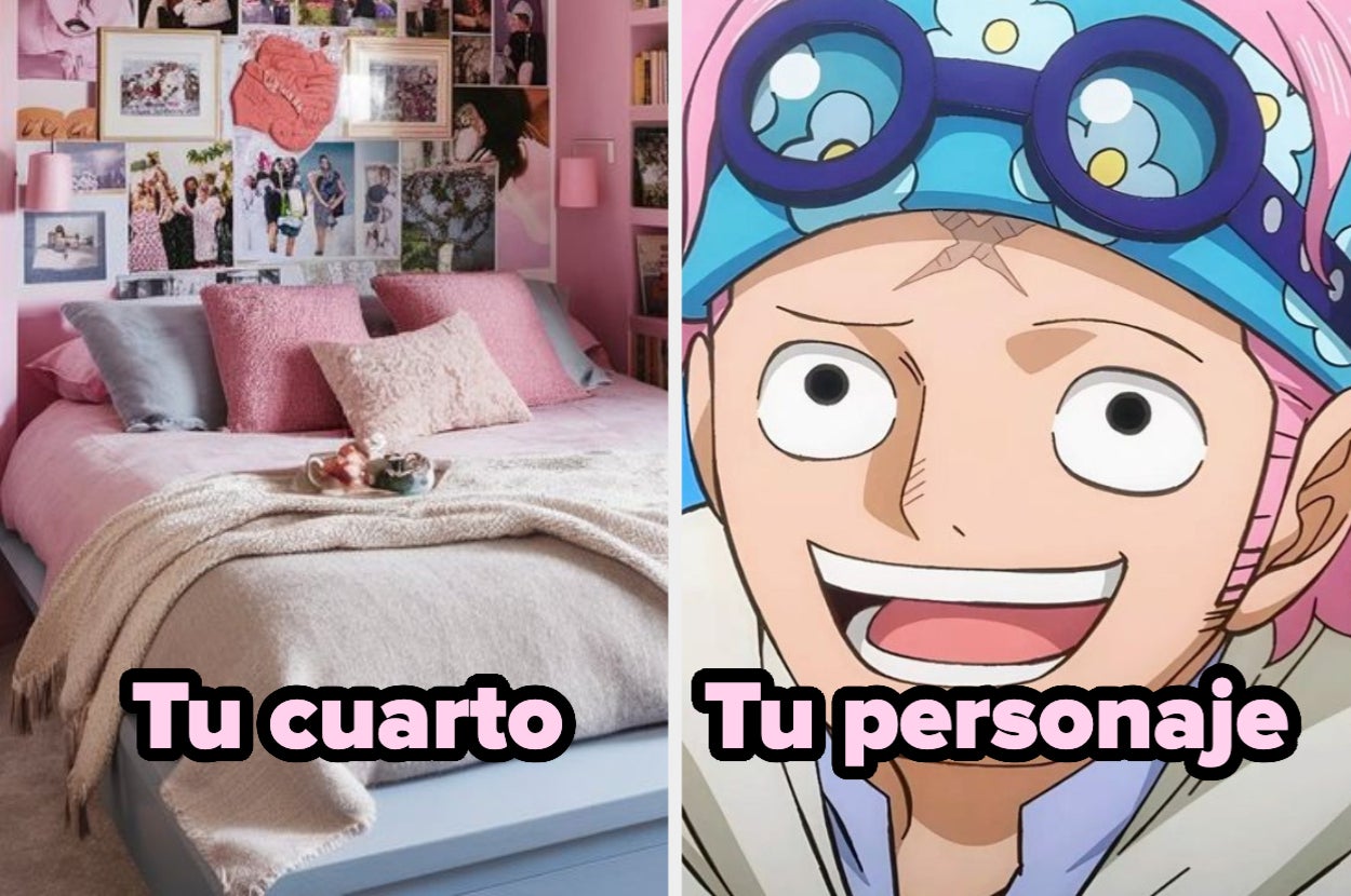 Habitación decorada con pósters junto a imagen de un personaje de anime sonriendo. Texto: "Tu cuarto" y "Tu personaje"