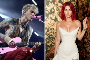 Left: MGK singing into a microphone with a guitar onstage. Right: Megan Fox poses in a strapless dress against a floral backdrop