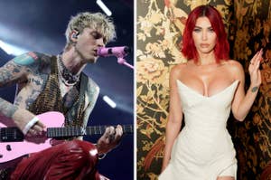 Left: MGK singing into a microphone with a guitar onstage. Right: Megan Fox poses in a strapless dress against a floral backdrop