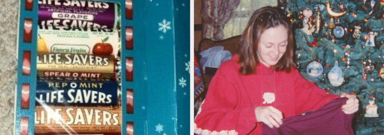 Left side shows a Life Savers candy book with various flavors. Right side depicts a smiling person opening a gift near a decorated Christmas tree