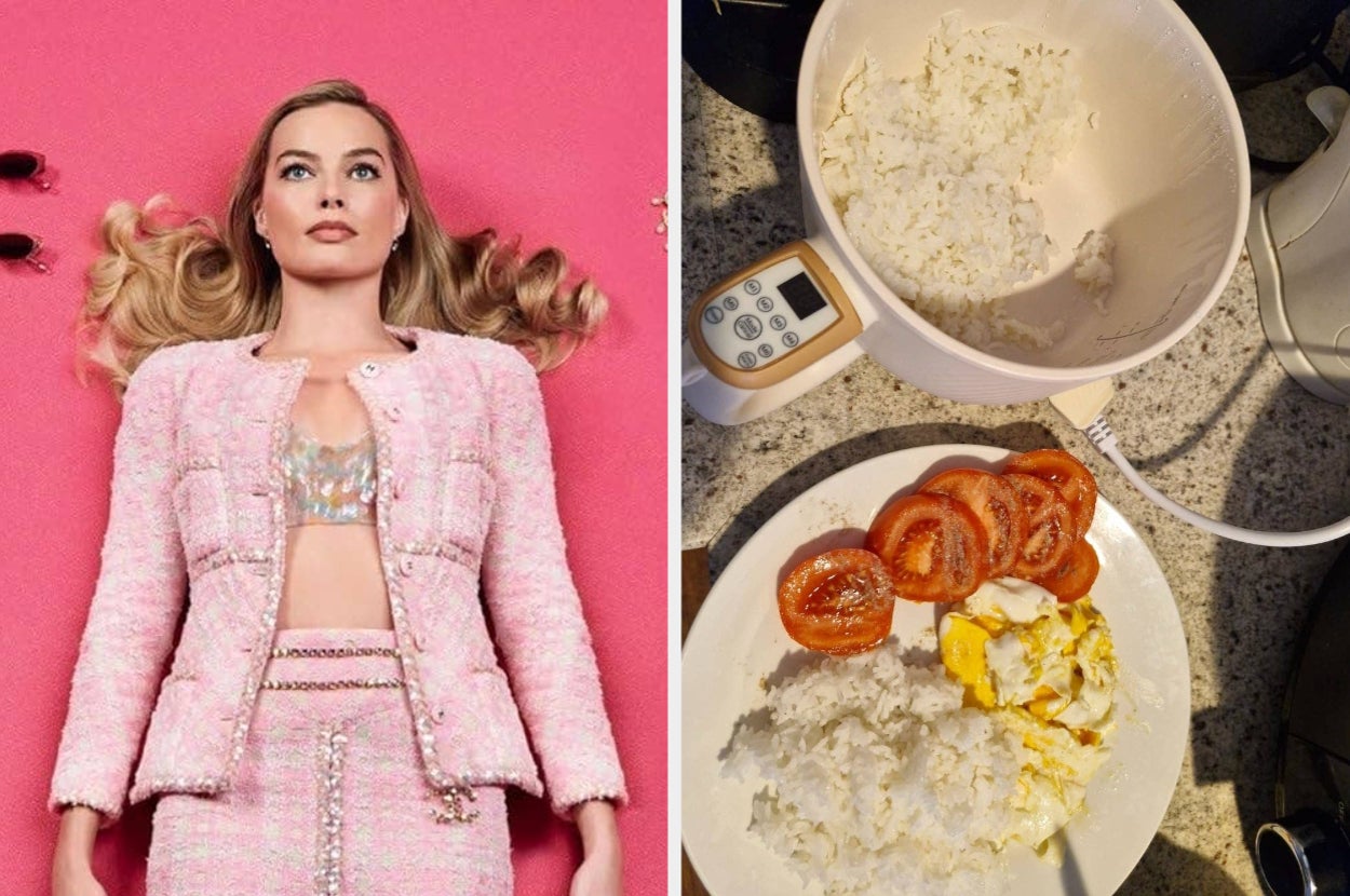 Person lying down in a textured jacket and crop top on left; plate with rice, tomatoes, and egg on right