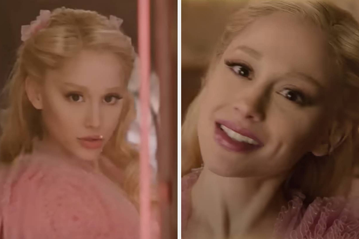 Person with long hair wearing a pink, vintage-style dress, looking directly at the camera in both shots