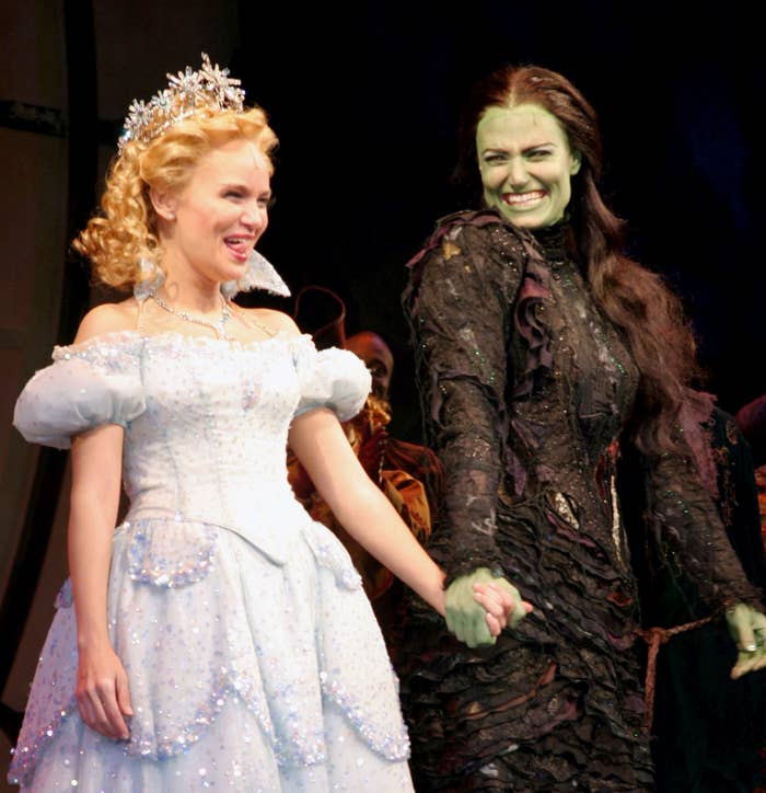 Kristin Chenoweth and Idina Menzel at curtain call for Wicked