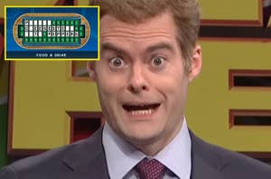 Person reacting with a surprised expression, with a Wheel of Fortune-style puzzle reading “CHESSLESS BELL PEPPERS” highlighted above