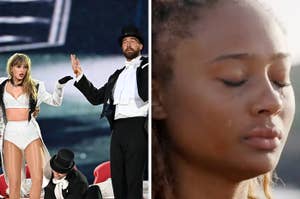 Left: Travis Kelce onstage with Taylor Swift. Right: Kayla Nicole in tears