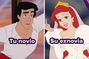 Personajes animados: hombre sorprendido y mujer sonriendo en vestido de novia. Texto: "Tu novio" y "Su exnovia"