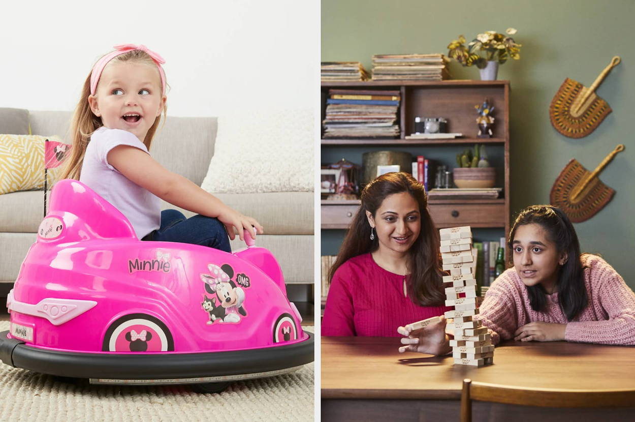 Left: Hogwarts castle Lego set with character figures. Right: Family playing together at a foosball table, promoting fun and friendly competition