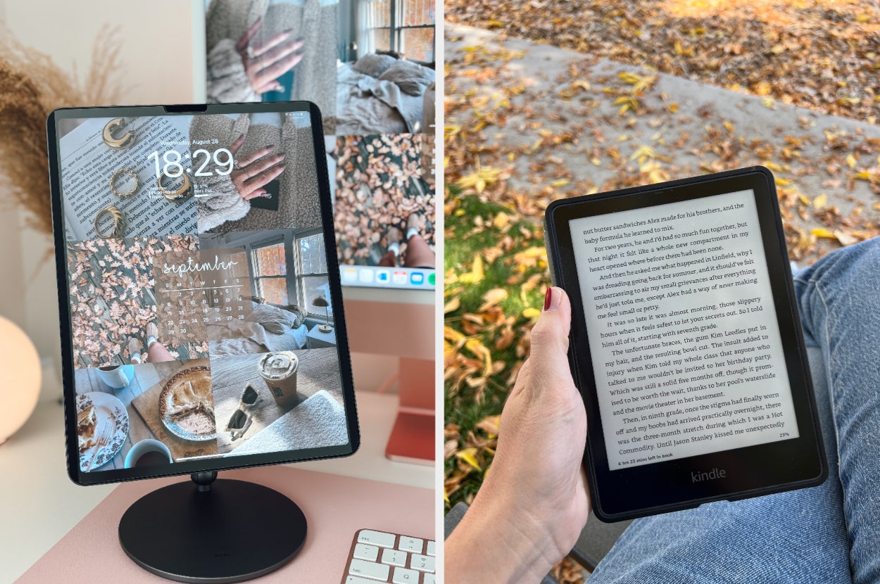A tablet displaying a September calendar stands on a desk; beside it, a hand holds a Kindle showing text, surrounded by fallen leaves