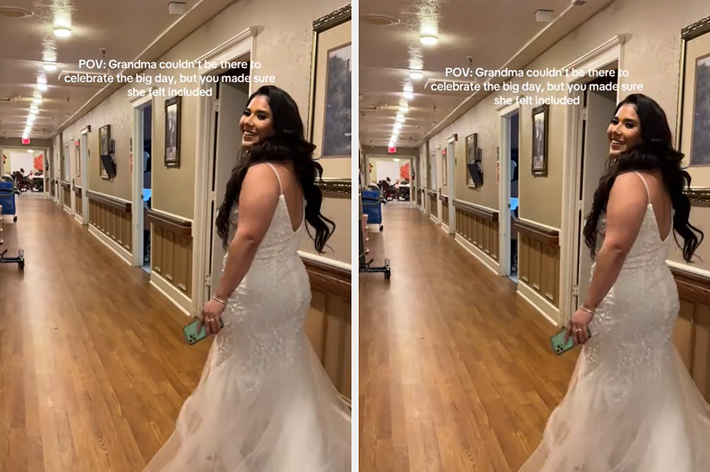 廊下を歩く女性。長い髪で、白いドレスを着用。画面のテキストは祖母が特別な日に参加できないが、気持ちは含まれていることを示唆。