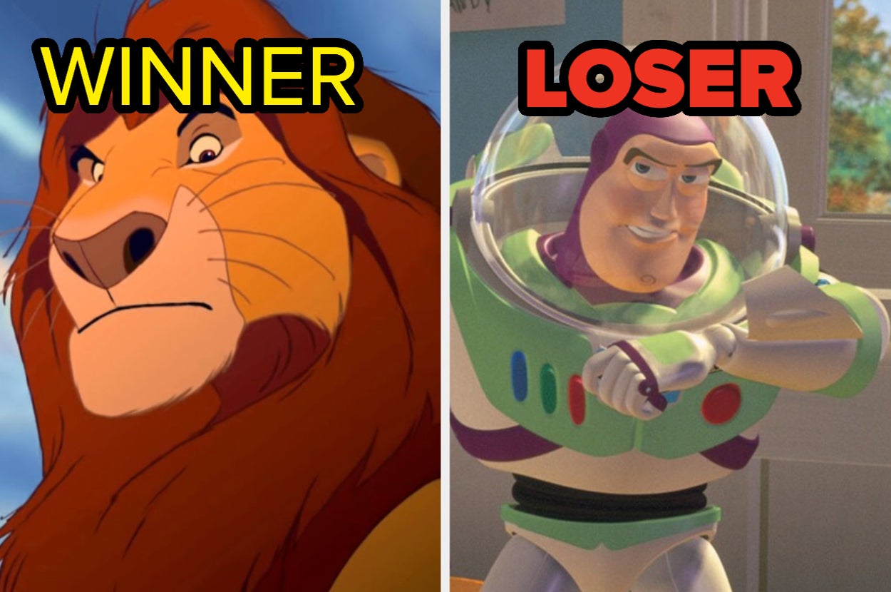Mufasa from The Lion King labeled "Winner" and Buzz Lightyear from Toy Story labeled "Loser."