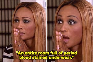 A woman looks shocked and surprised, hands clasped. Text reads: "An entire room full of period blood stained underwear."