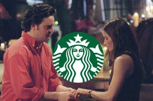 Man and woman holding hands across a table with Starbucks logo overlay