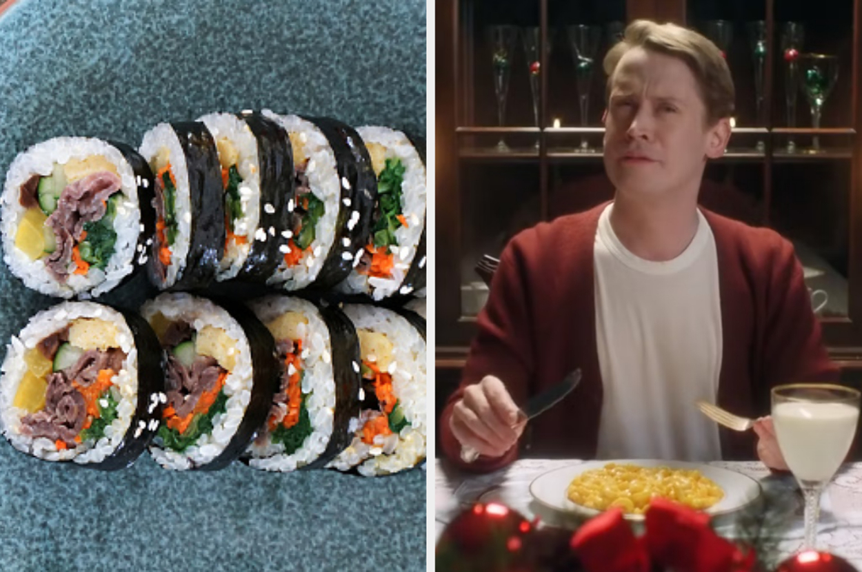 A plate of sushi rolls on the left; a person with a fork and knife sitting at a dining table with pasta and a glass on the right