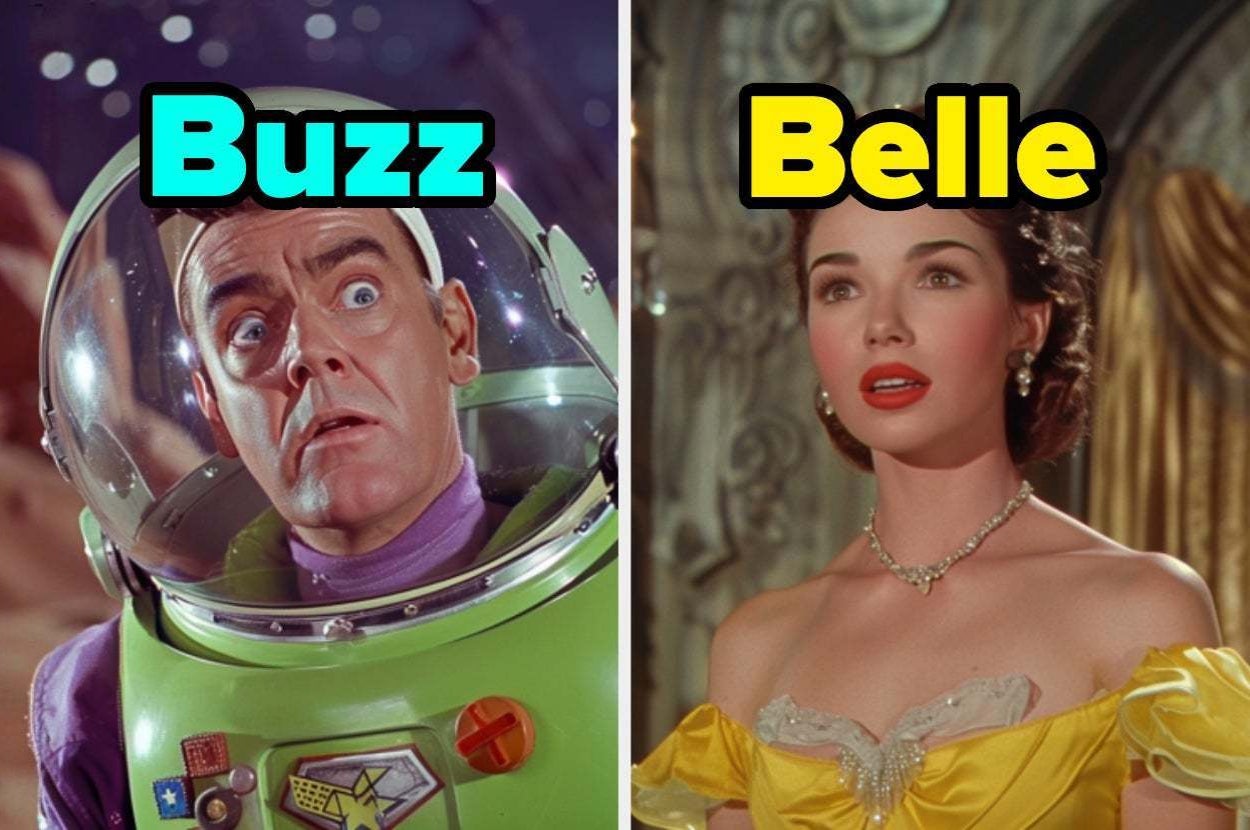 Buzz Lightyear and Belle side by side. Buzz in a space suit, Belle in a classic gown