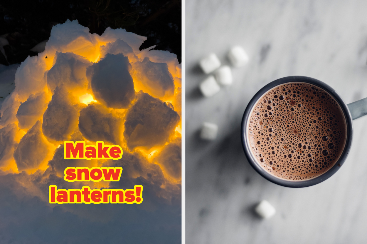 Left: Snow lanterns glowing in the dark. Right: A mug of hot chocolate with marshmallows on the side. Text: "Make snow lanterns!"