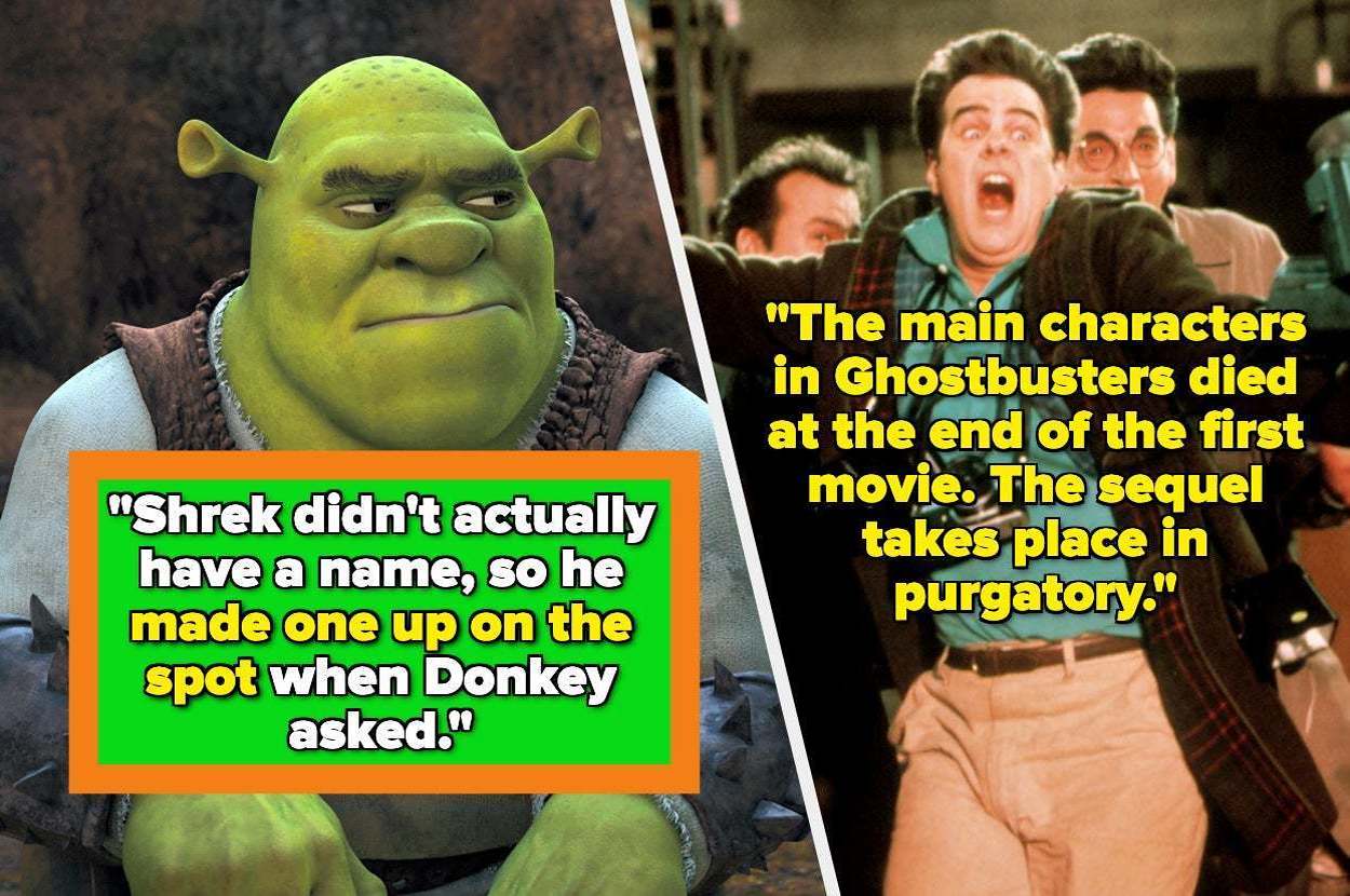 Shrek and a Ghostbusters scene with text: Shrek named himself spontaneously. Ghostbusters sequel theory: main characters are in purgatory