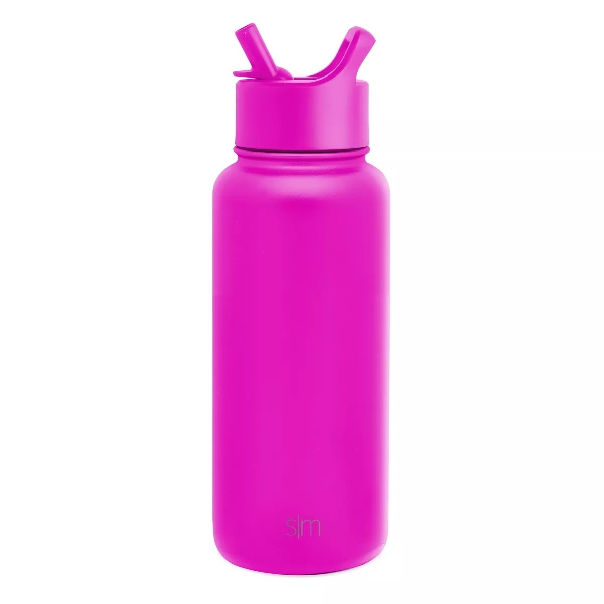 A pink water bottle with a straw lid and the "s|m" logo at the bottom