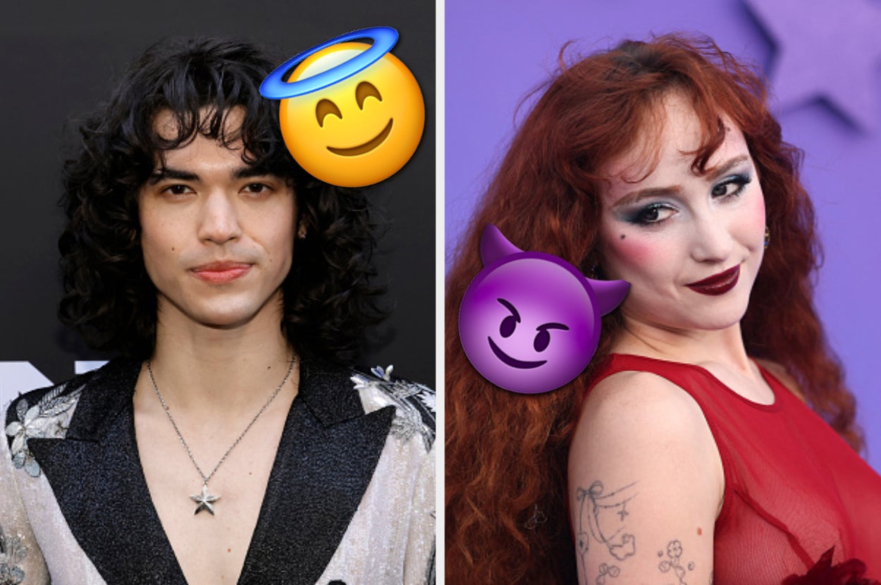 Two people side by side, one with a halo emoji, wearing a star necklace and sparkly jacket; the other with a devil emoji in a sheer red dress