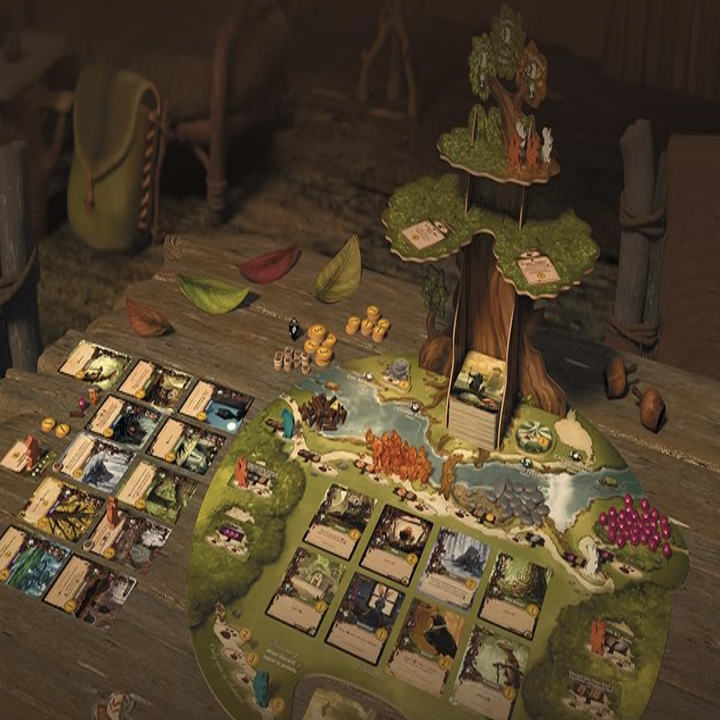 Board game with cards and tokens set on a wooden table, featuring a tree-shaped cardholder and various game pieces arranged in play