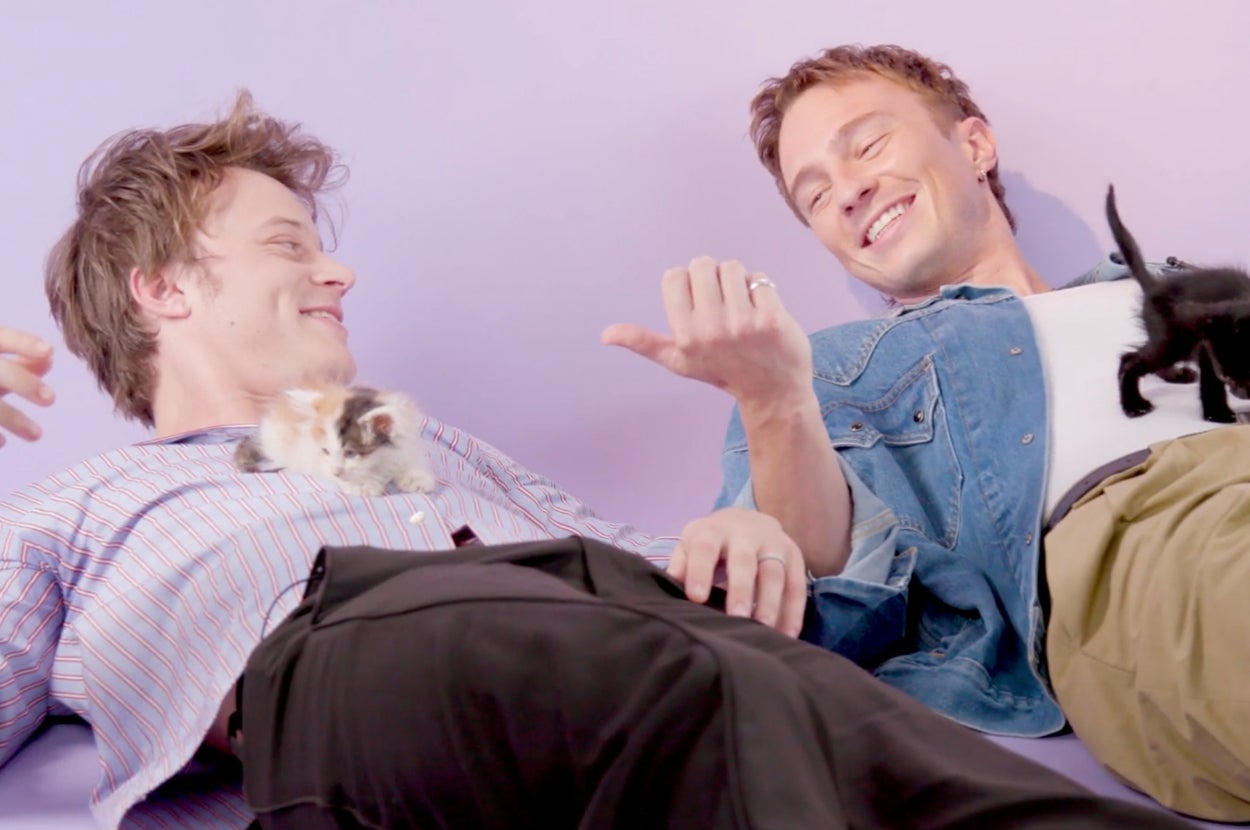 Two unidentified people lying down, smiling at each other, while kittens play on them. Casual clothing, relaxed atmosphere