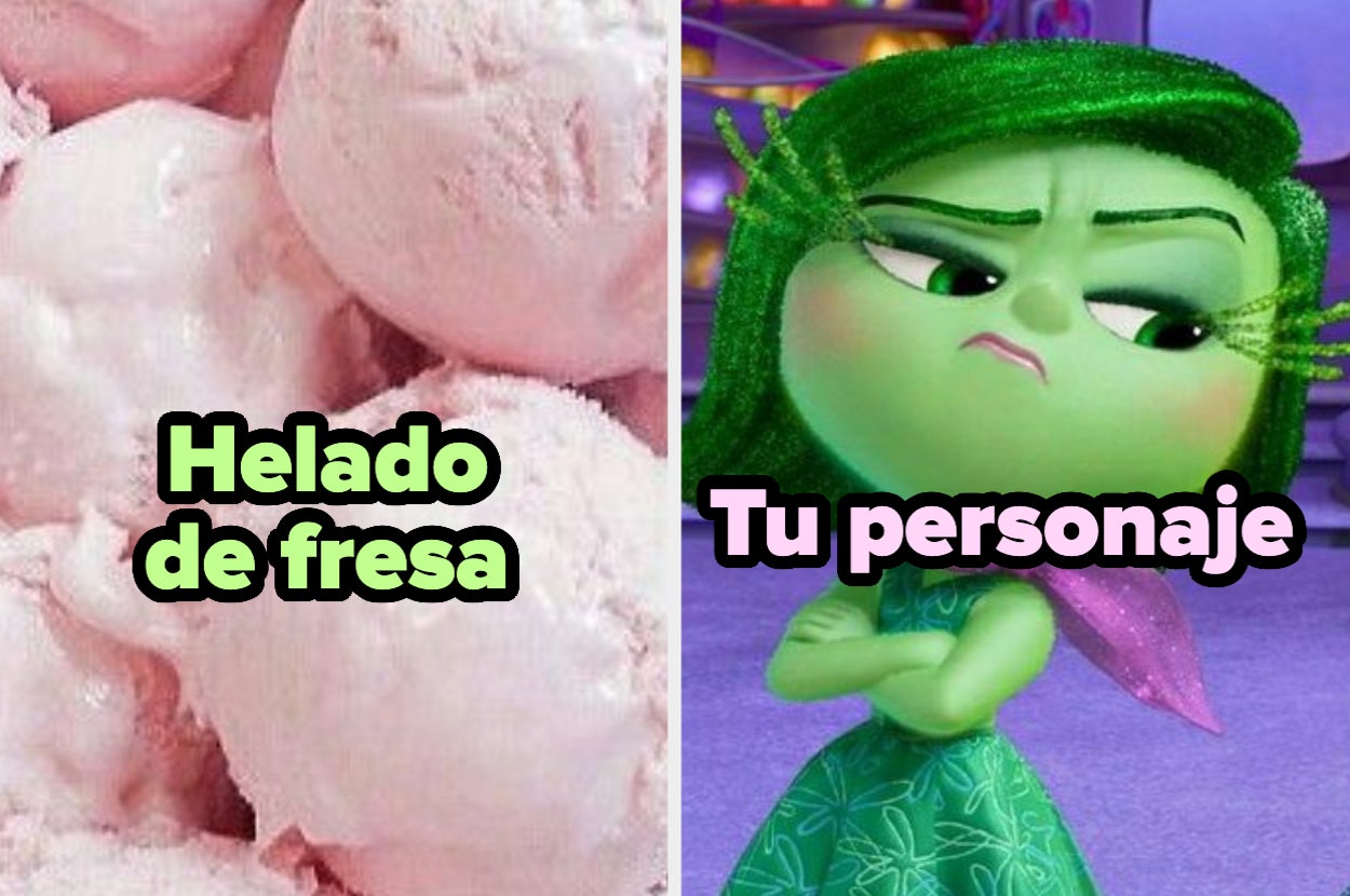 Montaje de helado de fresa junto al personaje Desagrado de "Intensamente" con expresión disgustada. Texto: "Helado de fresa", "Tu personaje"