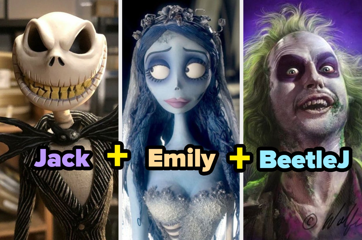 Jack de "El Extraño Mundo de Jack", Emily de "El Cadáver de la Novia" y Beetlejuice uno al lado del otro con sus nombres