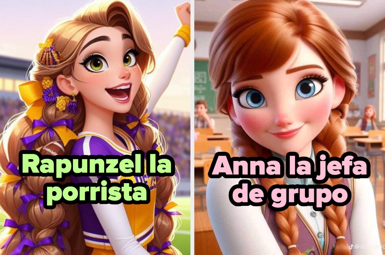 Rapunzel vestida de porrista sonriente y Anna en un aula como jefa de grupo, ambas de Frozen