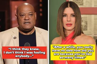 Laurence Fishburne speaking at an event; Sandra Bullock posing with a neutral expression, each with quotes about deception and age