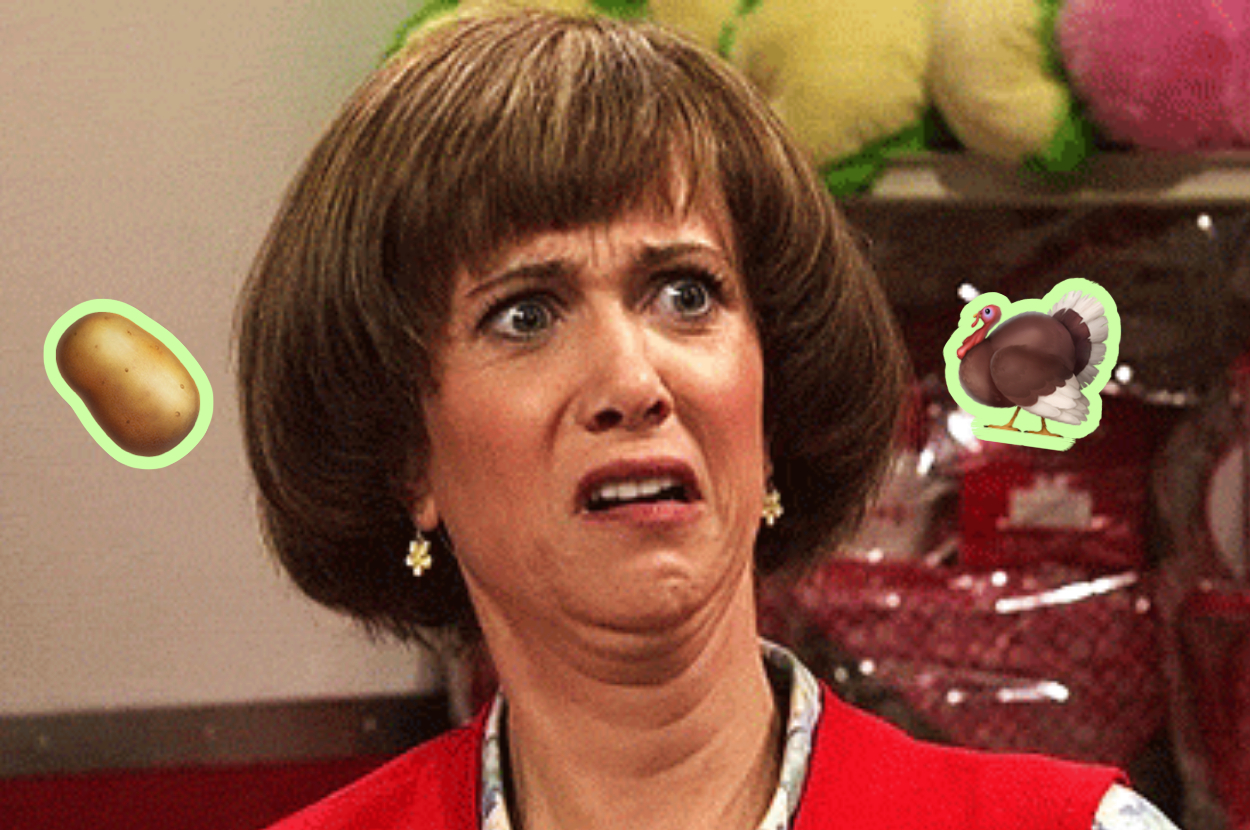 A person with a surprised expression wearing a red vest, with cartoon potato and turkey graphics floating nearby