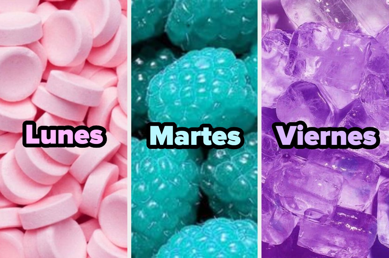 Tres columnas con imágenes: pastillas, gominolas de frambuesa y hielo. Textos: "Lunes", "Martes", "Viernes"