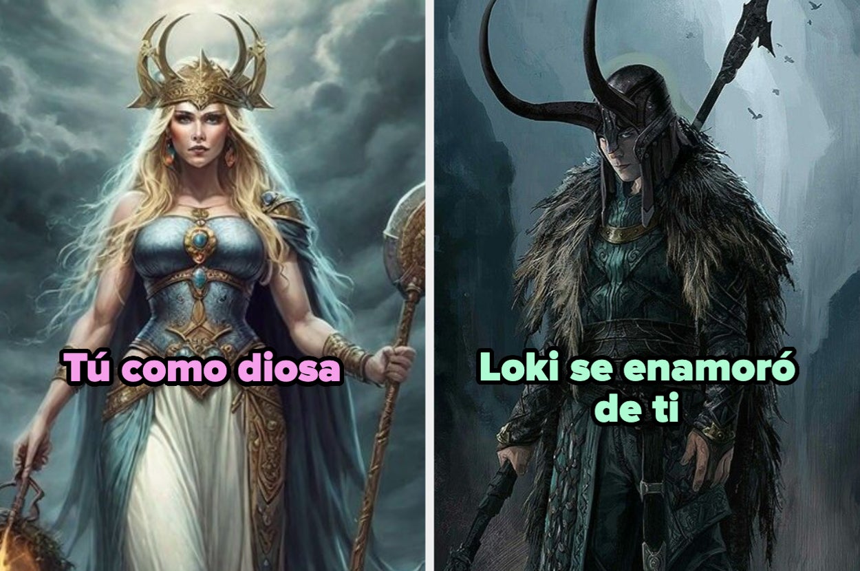 Imagen dividida. Izquierda: mujer en estilo divino con armadura y corona. Derecha: hombre en traje vikingo oscuro. Texto: "Tú como diosa", "Loki se enamoró de ti"