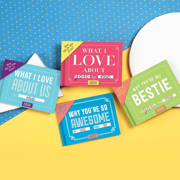 Four fill-in-the-blank books: "What I Love About You," "What I Love About Us," "Why You're So Awesome," "Why You're My Bestie."