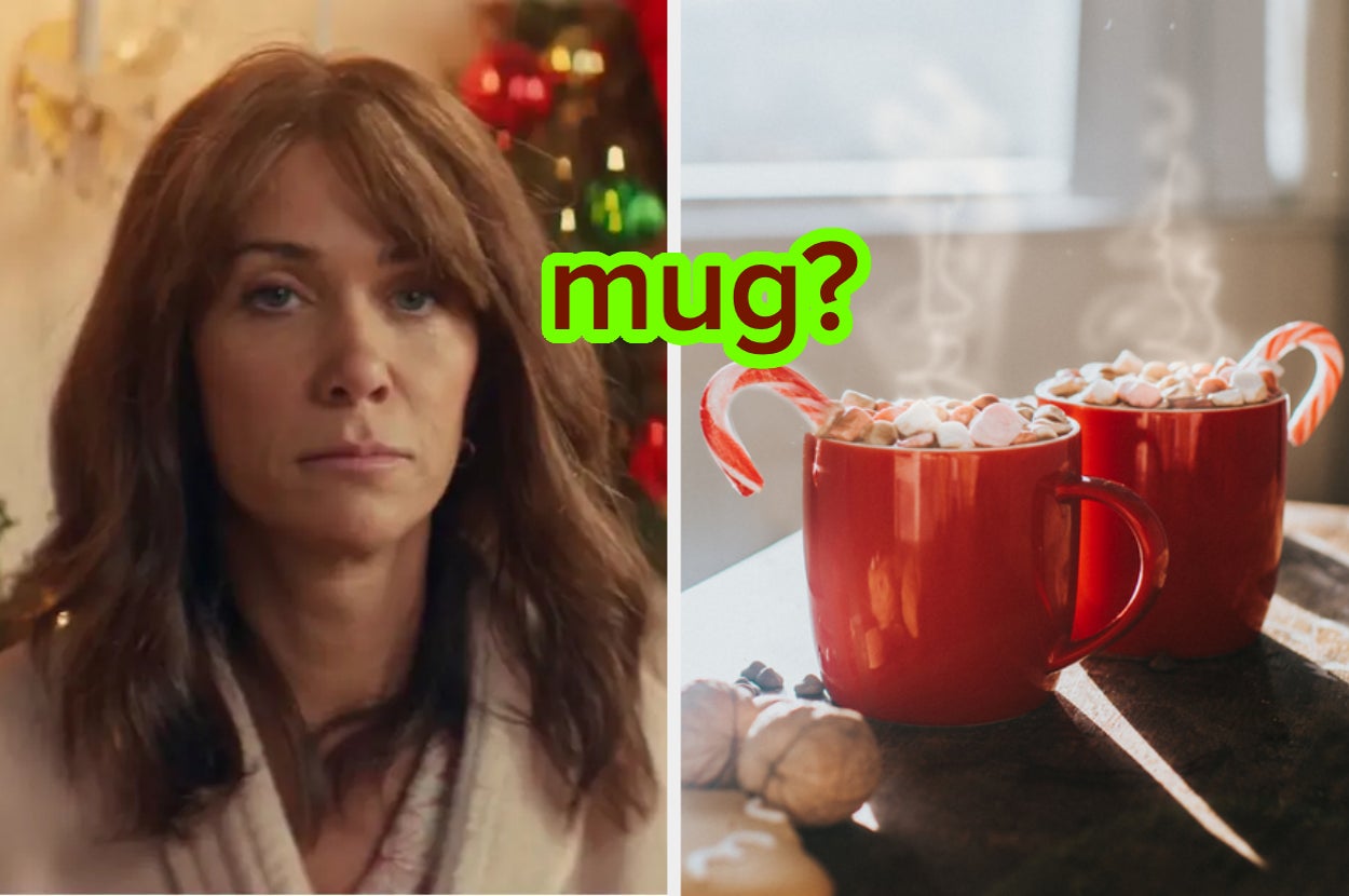 A person looking serious next to steaming cocoa mugs with candy canes. The word "mug?" is between them