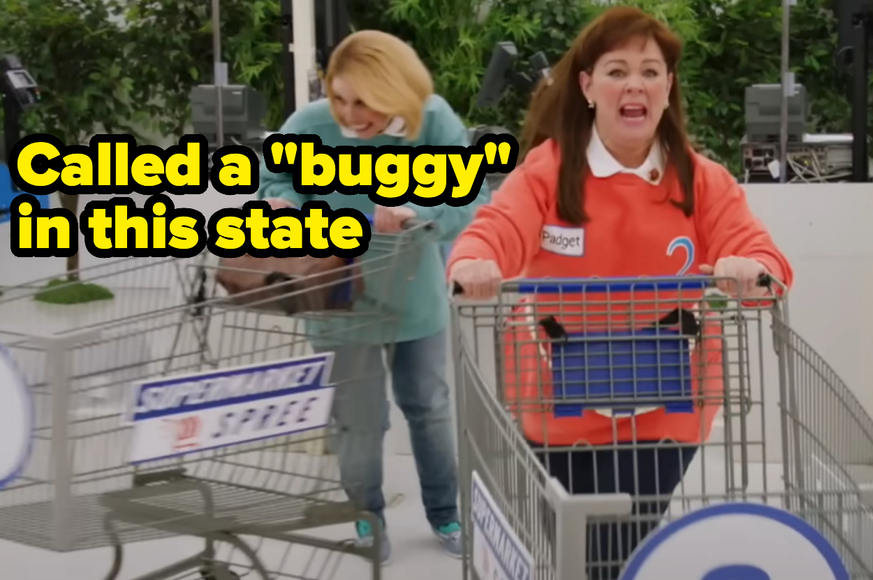 Two women pushing shopping carts in a store setting. Text reads, "Called a 'buggy' in this state."