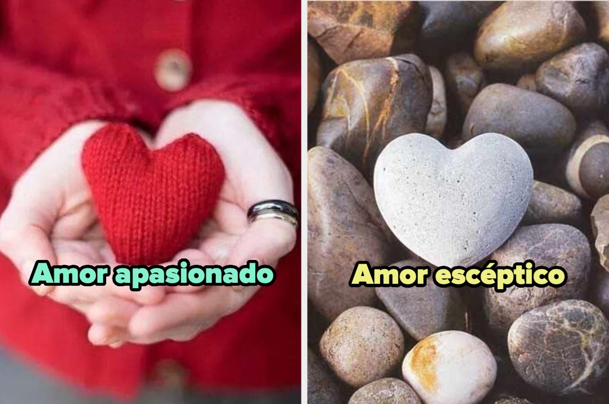 Dos imágenes comparativas: a la izquierda, manos sostienen un corazón tejido con texto "Amor apasionado"; a la derecha, una piedra en forma de corazón con texto "Amor escéptico"